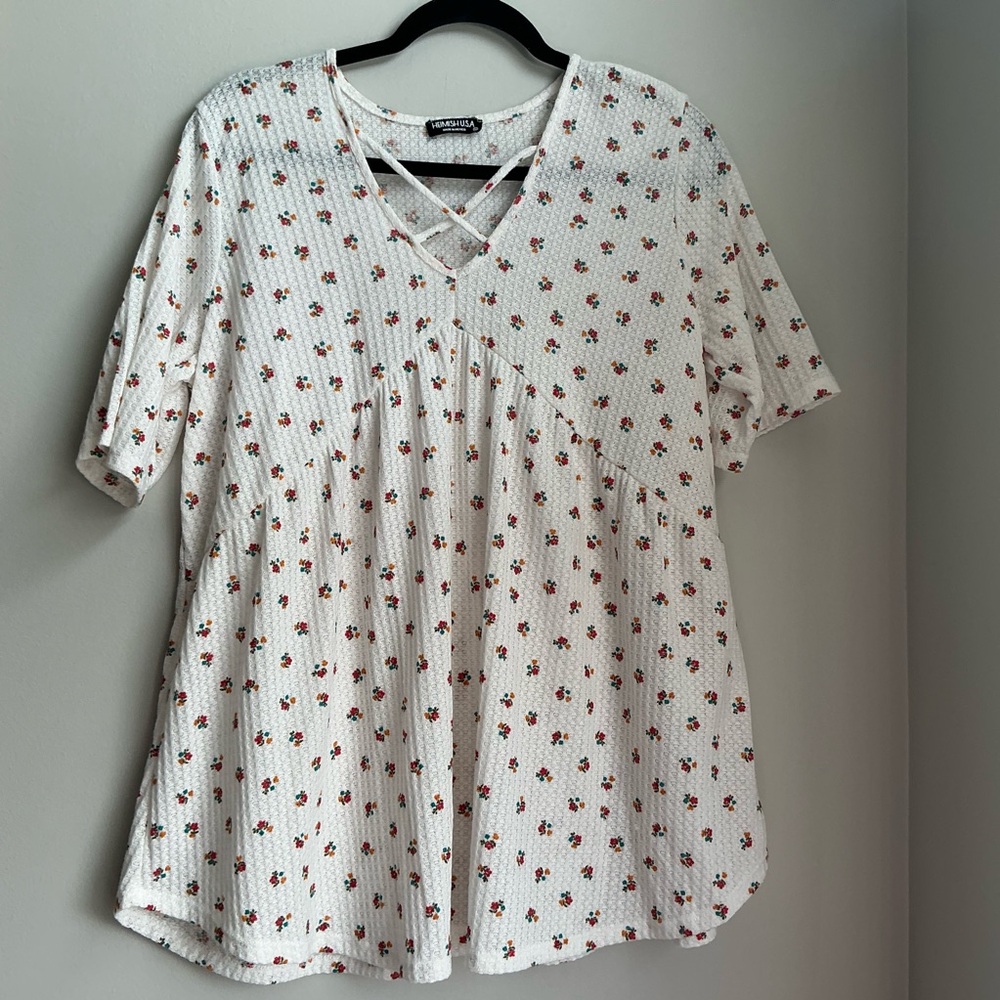 Heimish USA Floral Waffle Knit Top 1X Cottagecore Boho Babydoll Blouse